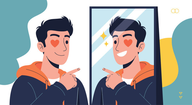Narcissistic young man with hearts in his eyes confidently admires his handsome reflection.