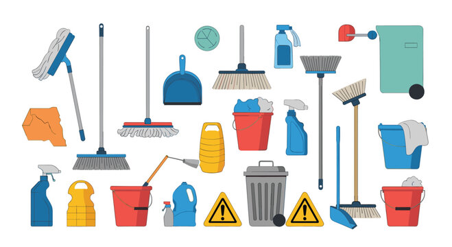 Large collection of various essential cleaning supplies and tools for professional housekeeping services.