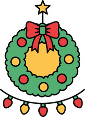 Cute cartoon Christmas wreath with star and festive lights Clip Art Vector illustration