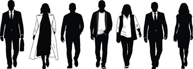 Group of diverse people silhouettes walking forward, business professionals and casual men and women, black vector illustration.