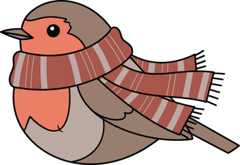 Cute cartoon robin bird wearing a striped winter scarf Clip Art Vector illustration
