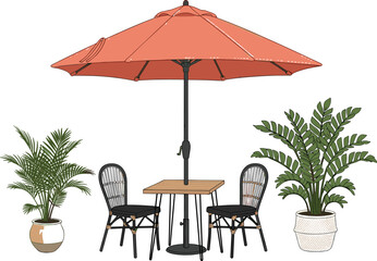 Outdoor patio bistro set with red umbrella, wooden table, rattan chairs and potted plants, colorful flat vector illustration.
