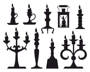 Vintage candles in candlesticks flat icon set