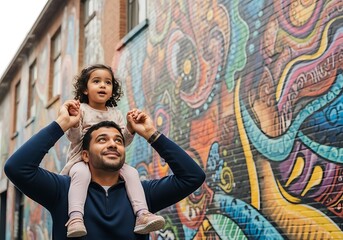 A heartwarming moment captured as a father carries his daughter on his shoulders in front of a vibrant mural, showcasing the beauty of family and urban art