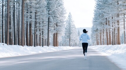Female jogger in a light blue hoodie runs along a snowy road surrounded by tall evergreen trees, showcasing winter fitness and the beauty of nature's tranquility
