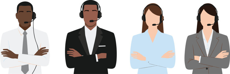 Set of diverse customer service agents wearing headsets with arms crossed, call center support team, colorful flat vector illustration isolated.
