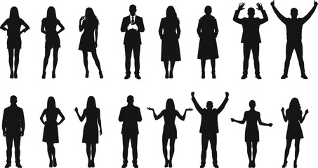 Set of people silhouettes, men and women standing, posing and celebrating, business and casual style, black vector illustration.