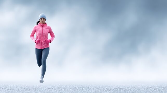 Athletic woman in a pink jacket and gray leggings is jogging on a misty path, showcasing determination and fitness in a serene outdoor environment with copy space
