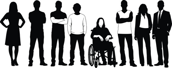 Silhouette set of diverse people standing together including wheelchair user, business and casual team, flat vector illustration.