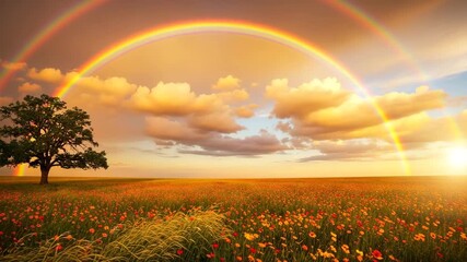 Double rainbow over a field of wildflowers at sunset - Powered by Adobe
