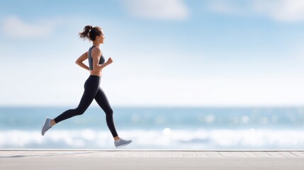 Obraz premium Athletic woman jogging along a scenic waterfront path, showcasing her fitness routine against a backdrop of ocean waves and a clear blue sky, embodying a healthy lifestyle