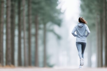 Female jogger in gray hoodie and leggings runs along a misty forest path, surrounded by tall trees, embodying fitness and outdoor activity in a serene environment