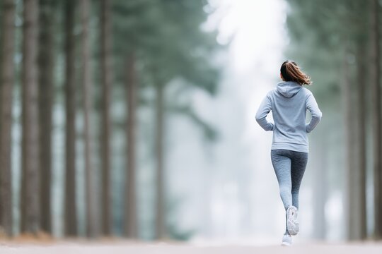 Female jogger in gray hoodie and leggings runs along a misty forest path, surrounded by tall trees, embodying fitness and outdoor activity in a serene environment