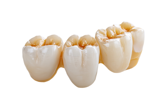 Close-up of three artificial teeth, likely dental implants or bridges, showing a natural color and surface texture