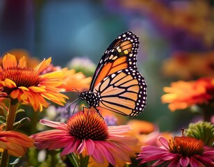 Obraz premium Monarch Butterfly Sipping Nectar on Colorful Coneflowers in a Vibrant Summer Garden Scene.