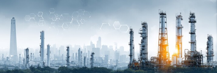 Industrial pollution and urbanization concept with factory smokestacks, city skyline, and abstract geometric overlay for environmental or technology themes