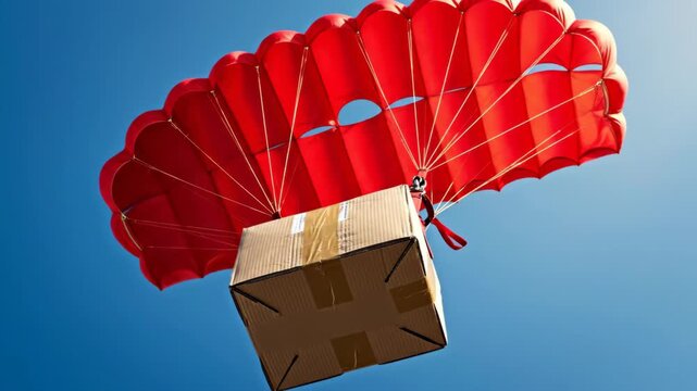 Urgent Package Delivery via Parachute Against a Blue Sky.