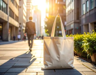 Obraz premium Sustainable lifestyle with reusable tote bag in urban setting during golden hour
