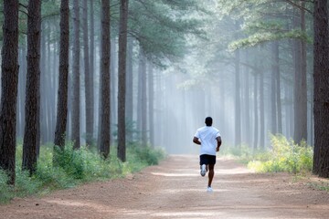 Obraz premium African American man jogging along a forest path surrounded by tall trees and soft morning light, embodying fitness and a healthy lifestyle in nature