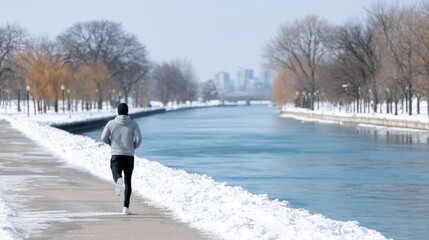 Jogger in gray hoodie runs along snowy canal path, surrounded by winter trees and a distant city skyline, embodying the spirit of fitness and outdoor activity in cold weather
