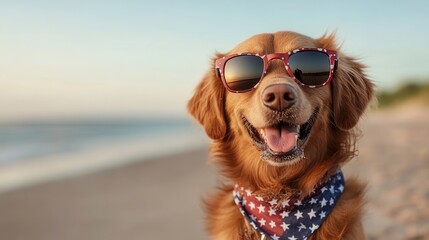Joyful Dog in Patriotic Sunglasses and Bandana Enjoying Fourth of July Fun at the Beach