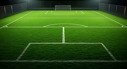 Fototapeta premium Illuminated Soccer Field with Goal and Fencing at Night
