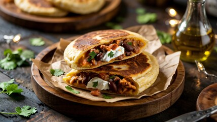 Perfectly sliced Venezuelan or Colombian arepa stuffed with beans and sour cream