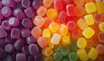 A rainbow of colorful gummy candies arranged in an intricate pattern showcasing diversity and vibrancy of candy colors with soft edges creating a visually appealing background.