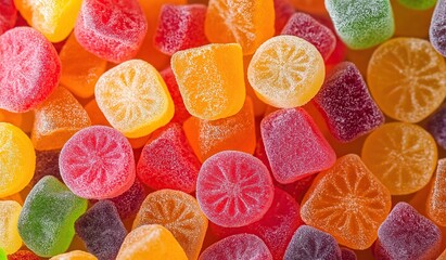 Close up of colorful gummy candies showcasing their vibrant colors and textures set against a bright background for commercial use with detailed patterns.