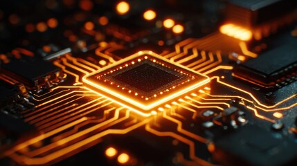 Close up of a glowing computer processor with vibrant orange neon lights illuminating intricate circuit patterns, showcasing advanced technology and innovation in digital electronics