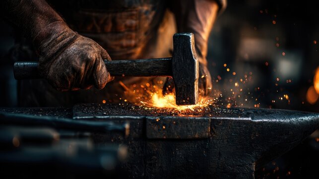 Blacksmith in gloves and leather apron strikes hot metal with hammer, creating sparks in a dark workshop, showcasing traditional craftsmanship and skillful artistry