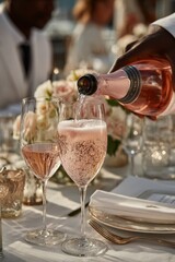 Rosé champagne is poured into a flute during an upscale rooftop dining event, evoking luxury celebrations and sophisticated urban gatherings