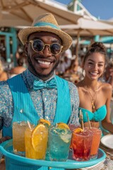 Smiling waiter in summer attire serves vibrant cocktails at lively beachside restaurant, evoking tropical vacation and hospitality themes