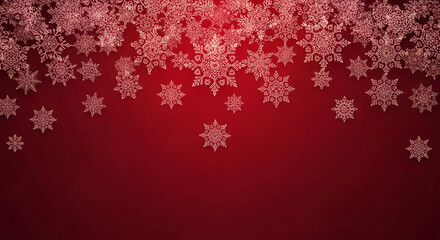 Red background with falling white snowflake illustrations, representing winter season, Christmas holiday, festive mood and greeting card template with free space