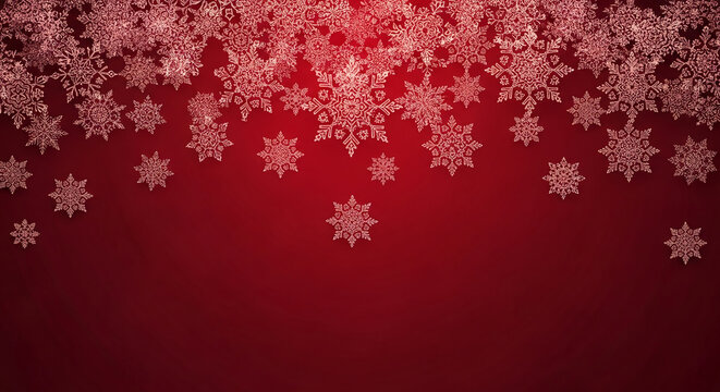 Red background with falling white snowflake illustrations, representing winter season, Christmas holiday, festive mood and greeting card template with free space - Powered by Adobe