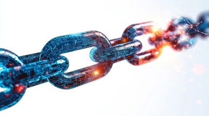 Futuristic digital chain links representing data connectivity and security in blockchain technology.