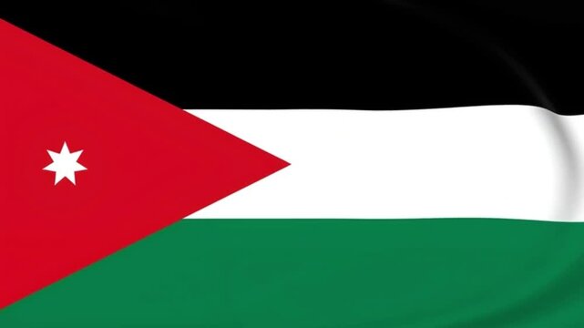 Realistic 3D animation of the Jordan flag waving. Seamless loop featuring the red triangle with a seven-pointed star and black, white, green stripes, symbol of the Hashemite Kingdom