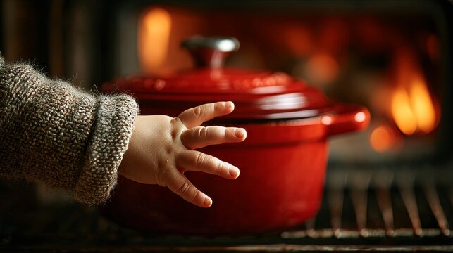 Child's hand reaching toward hot stove with red pot highlights kitchen safety and home warmth, suitable for family safety awareness or parenting themes