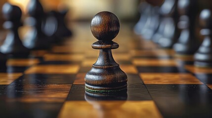 Close-up of a wooden chess pawn on a chessboard, symbolizing strategy and critical thinking.