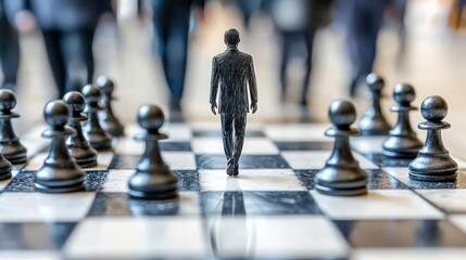 A miniature figure walks strategically on a chessboard, symbolizing decision-making and strategy in business.