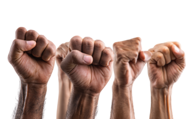 A powerful image of clenched fists raised high. Diverse hands, showing solidarity and resistance