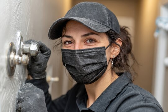Middle-aged female plumber wearing protective gear works on indoor pipe repair, representing skilled trades and essential maintenance services