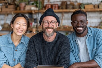 Multicultural friends collaborating with digital technology in comfortable contemporary workspace for teamwork or social media marketing
