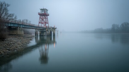 Industrial gas pipeline bridge with tower spans foggy river, blending infrastructure and nature in tranquil, wintry landscape