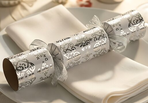 A silver christmas cracker on a white plate with a white napkin, decorated with snowflakes and ribbons, ready to be pulled and enjoyed during the holiday season