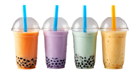 Four colorful bubble tea drinks in clear plastic cups (1)