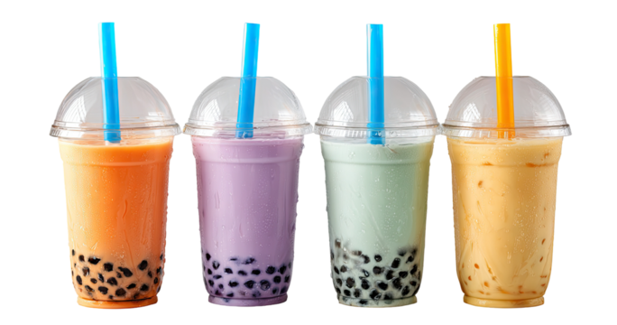 Four colorful bubble tea drinks in clear plastic cups (1)