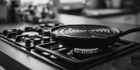 Monochrome close-up of contemporary gas stove burner with cast iron grill, suitable for modern kitchen appliance advertising or culinary branding