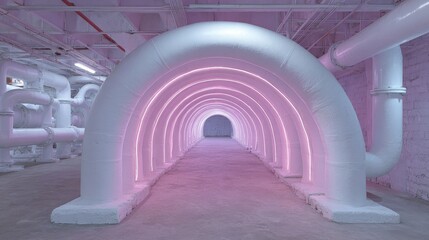 Futuristic underground tunnel with neon pink arches and white pipes, ideal for technology, innovation, or sci-fi concepts