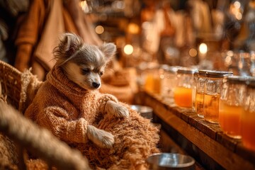 Cozy home setting featuring small dog in knit sweater resting on blanket with rustic jars, evoking warmth, comfort, and autumn lifestyle